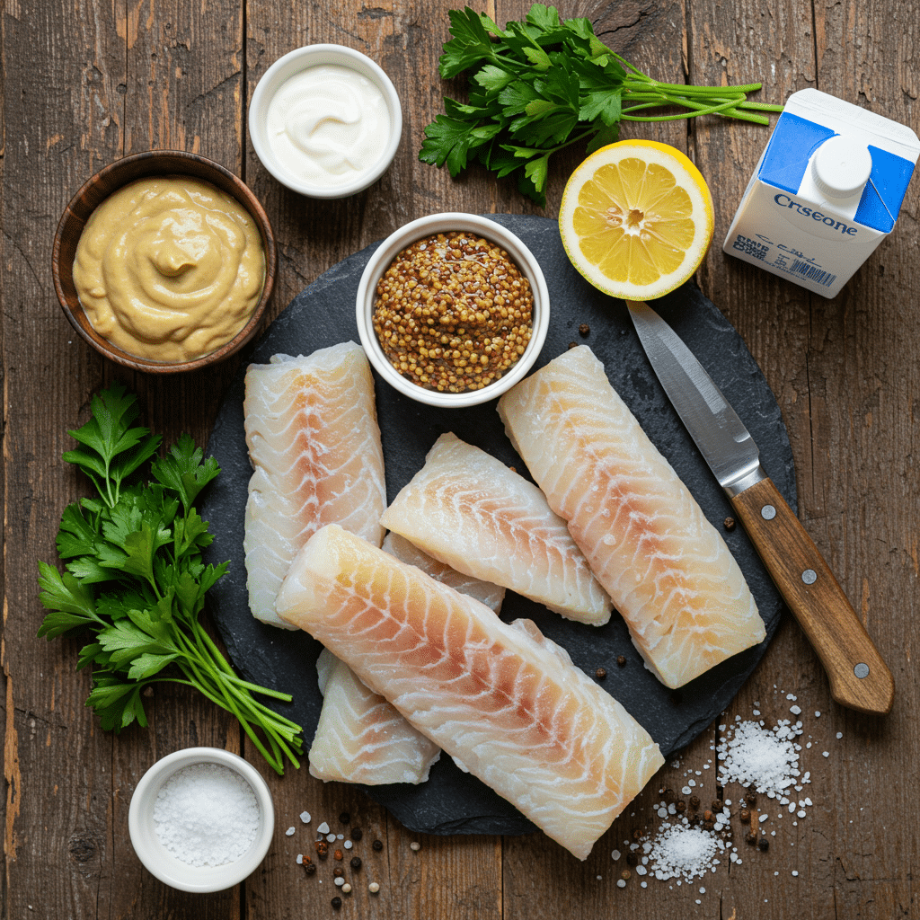 Ingrédients essentiels pour la recette de Cabillaud au Four à la Moutarde et Crème Citronnée