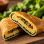 Wrap omelette croustillante servie avec une salade.