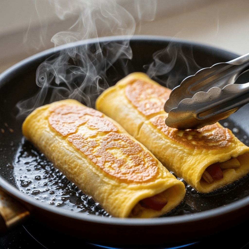 Dorer les rouleaux de wrap omelette dans la poêle.