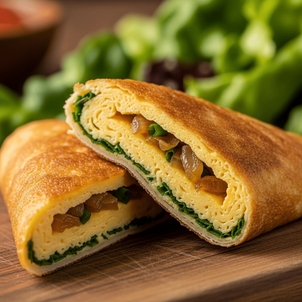 Wrap omelette croustillante servie avec une salade.