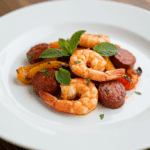 Assiette de crevettes au chorizo et menthe