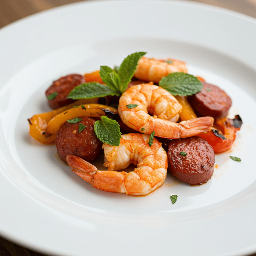 Assiette de crevettes au chorizo et menthe