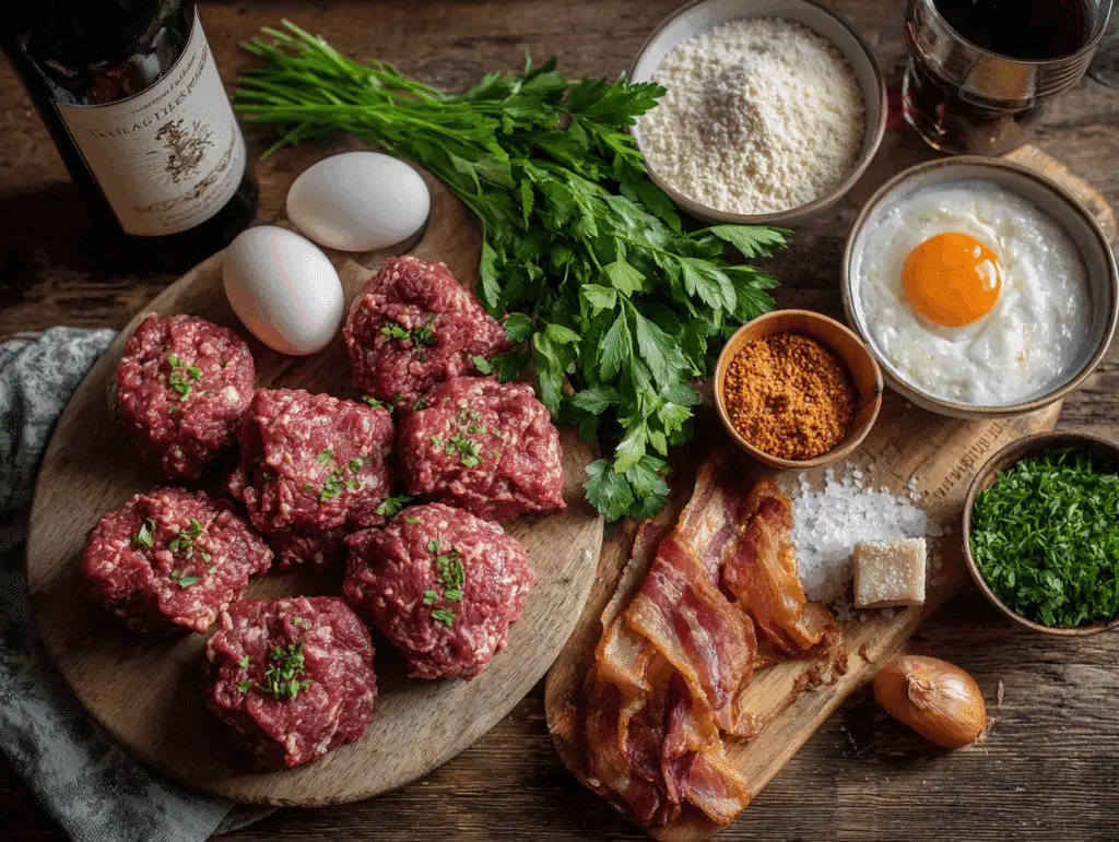 Ingrédients boulettes bœuf bourguignon viande chapelure vin rouge