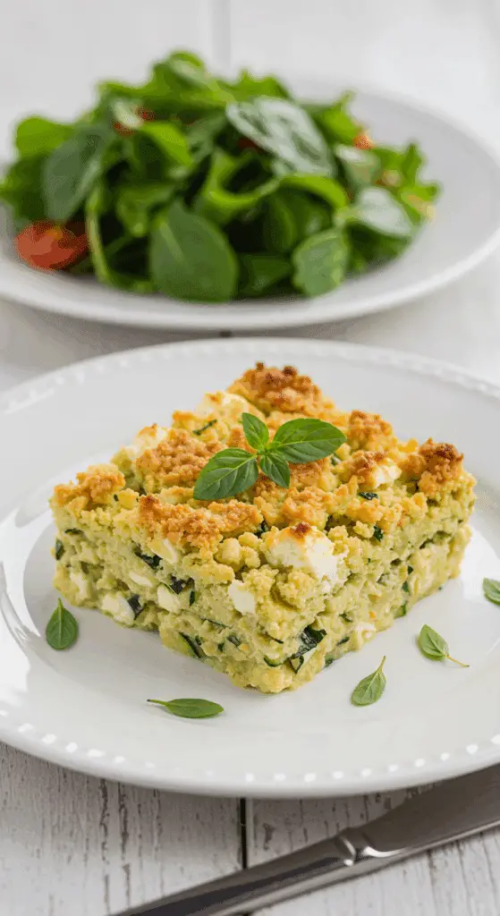 Service crumble courgette-feta part dorée salade verte estivale
