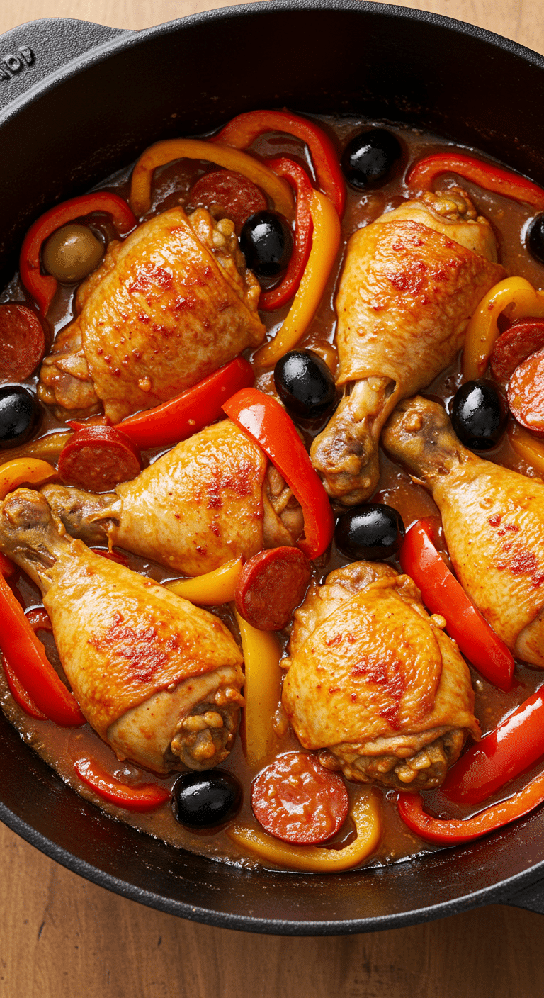 poulet à l'espagnole dans une sauteuse avec poivrons chorizo et olives