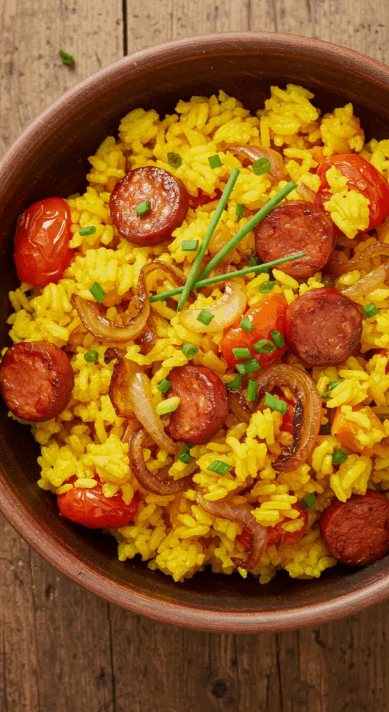 riz au chorizo et à la tomate dans un bol avec ciboulette fraîche