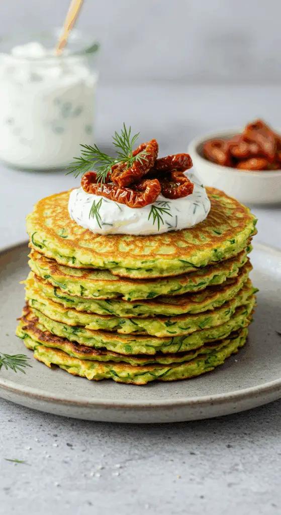 Blinis de courgettes dorés croustillants sur planche bois rustique