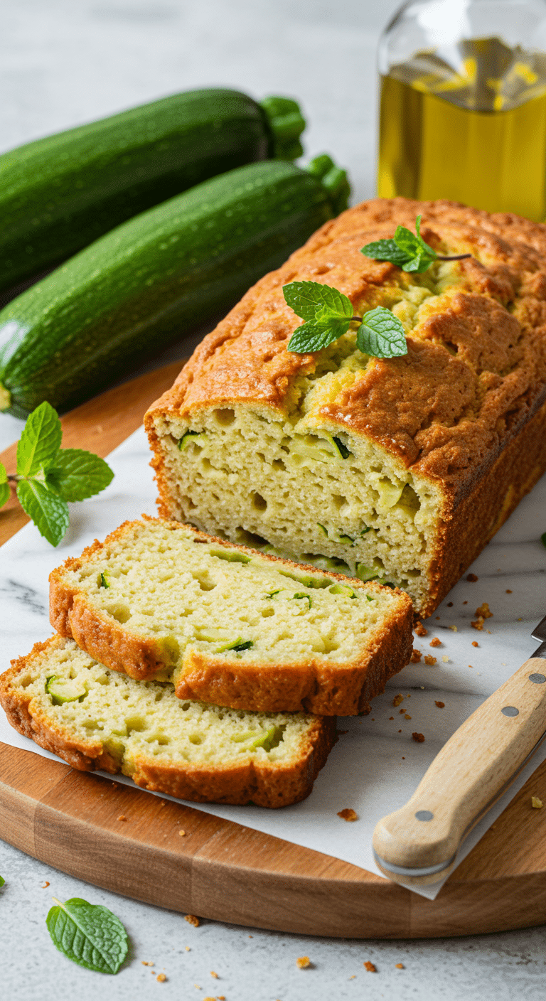 cake à la courgette et menthe doré sur planche de bois