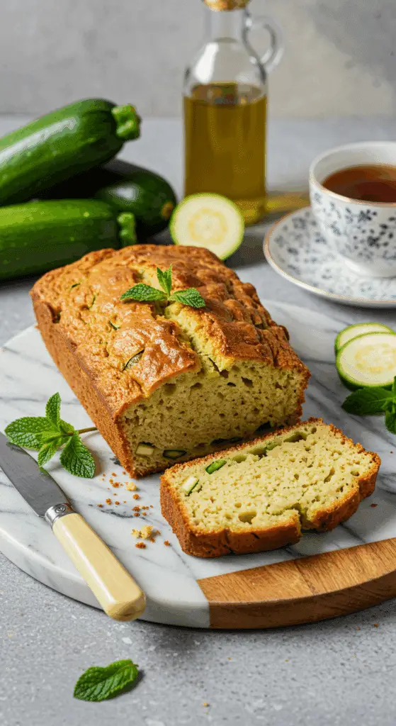 tranches cake courgette menthe servi assiette céramique menthe fraîche