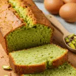 Cake pistache fleur d'oranger tranché sur assiette blanche