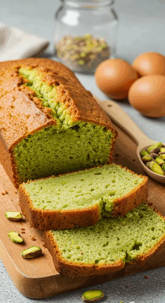 Cake pistache fleur d'oranger tranché sur assiette blanche