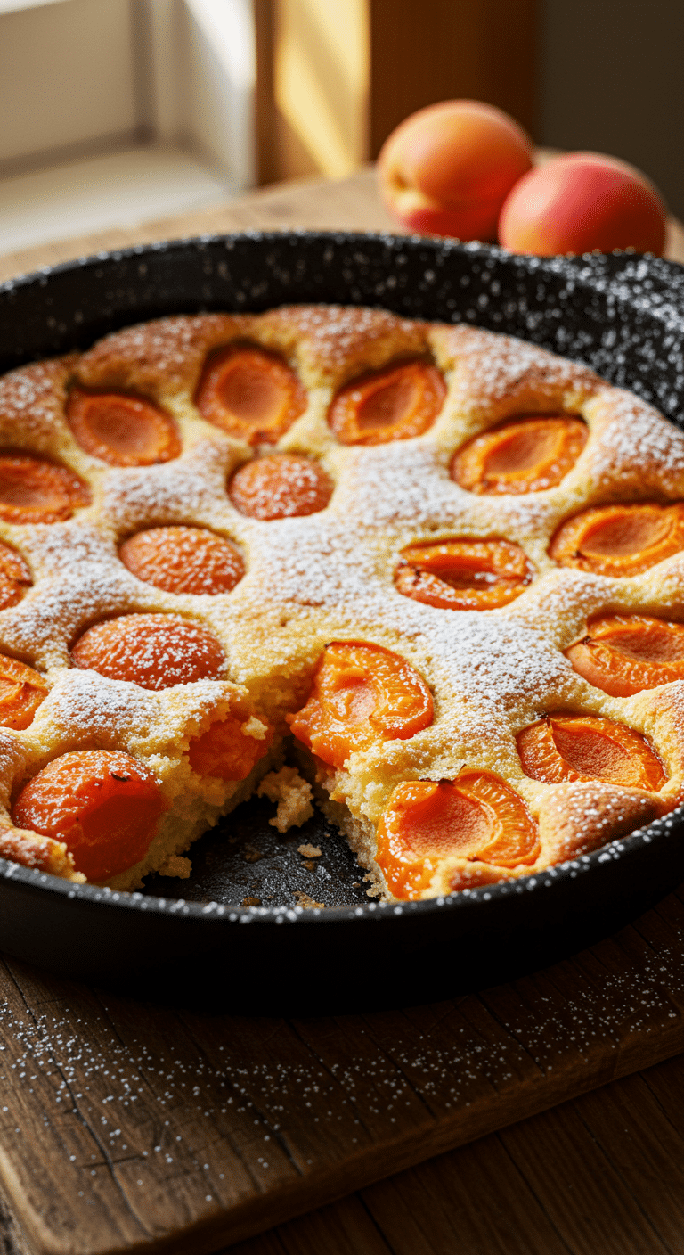 Photo d’un clafoutis aux abricots doré présenté dans un plat en fonte