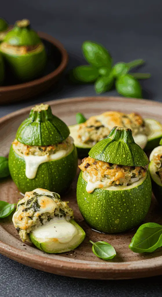 courgettes farcies mozzarella servies assiette céramique basilic présentation