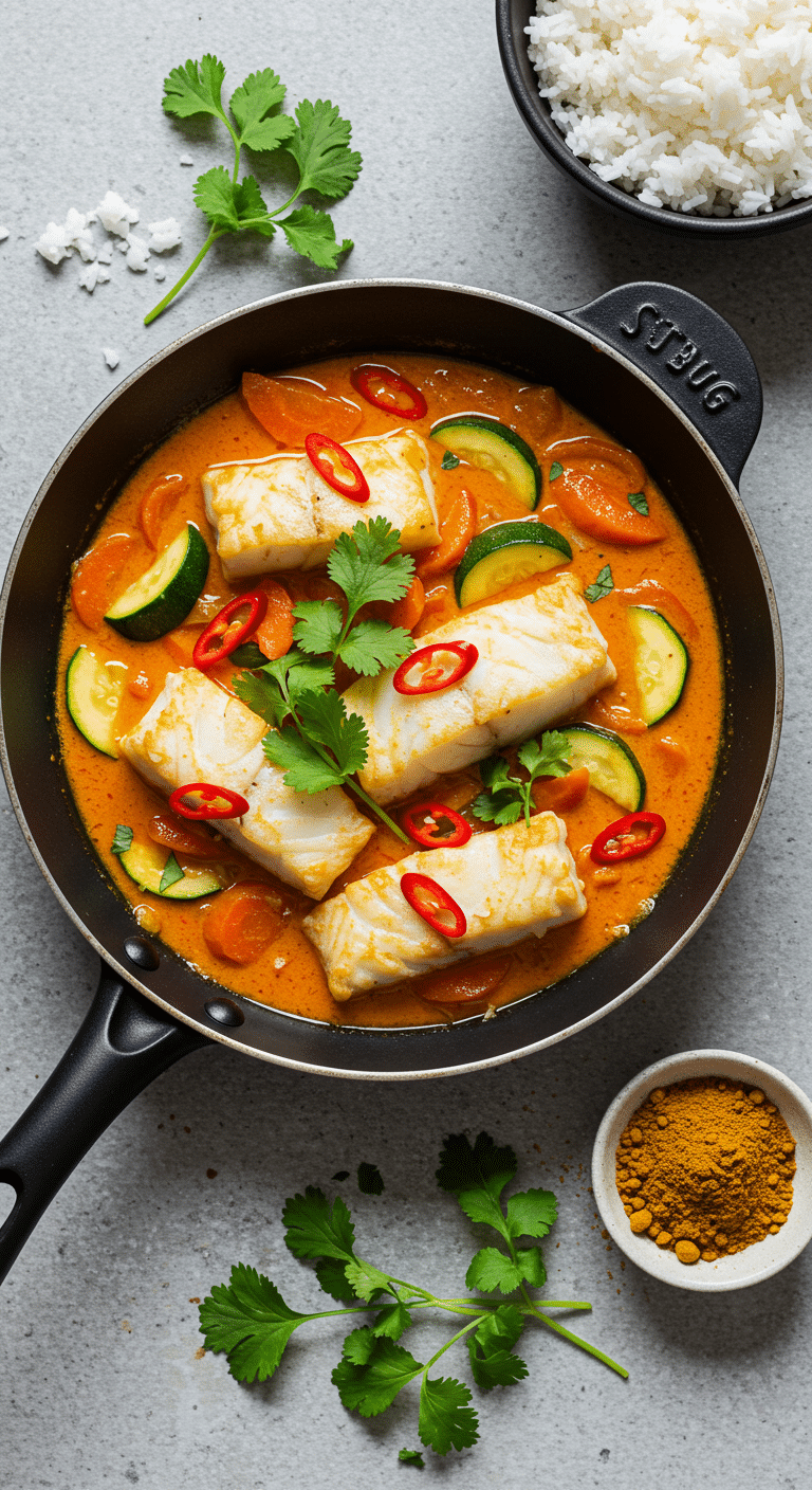 Curry rouge épicé et pimenté de cabillaud avec légumes et lait de coco