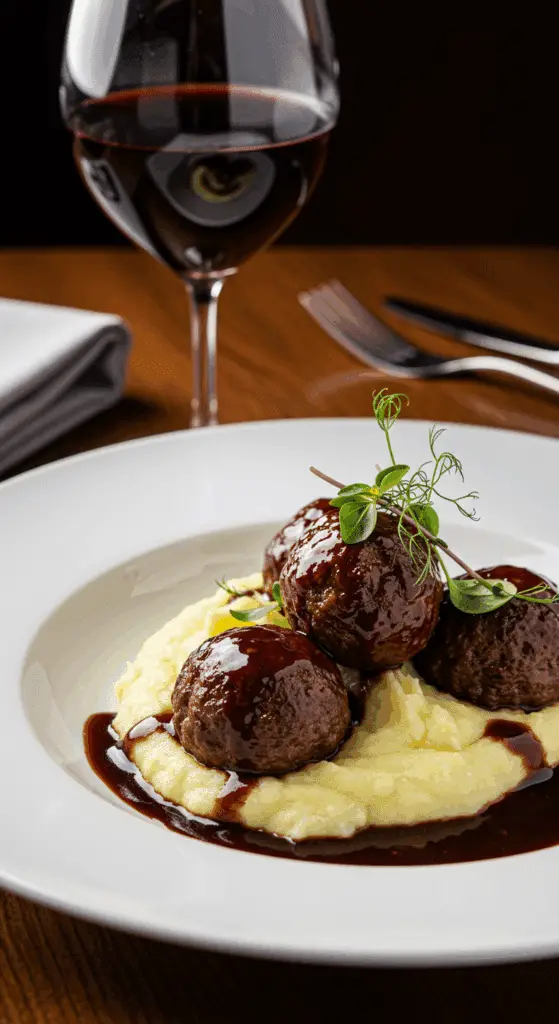 Assiette boulettes bœuf bourguignon purée sauce vin rouge service