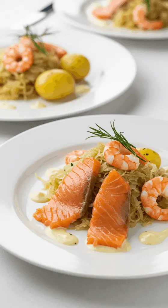 Dressage élégant de choucroute au saumon sur assiette blanche