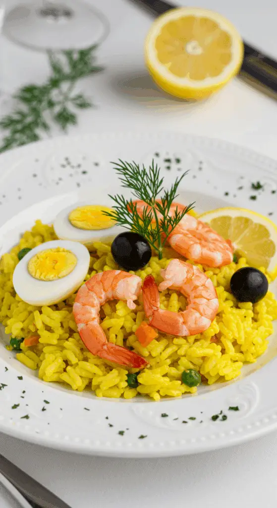 Dressage élégant de kedgeree aux crevettes sur assiette blanche