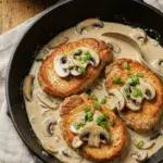 Escalopes à la crème avec champignons de Paris sur assiette blanche