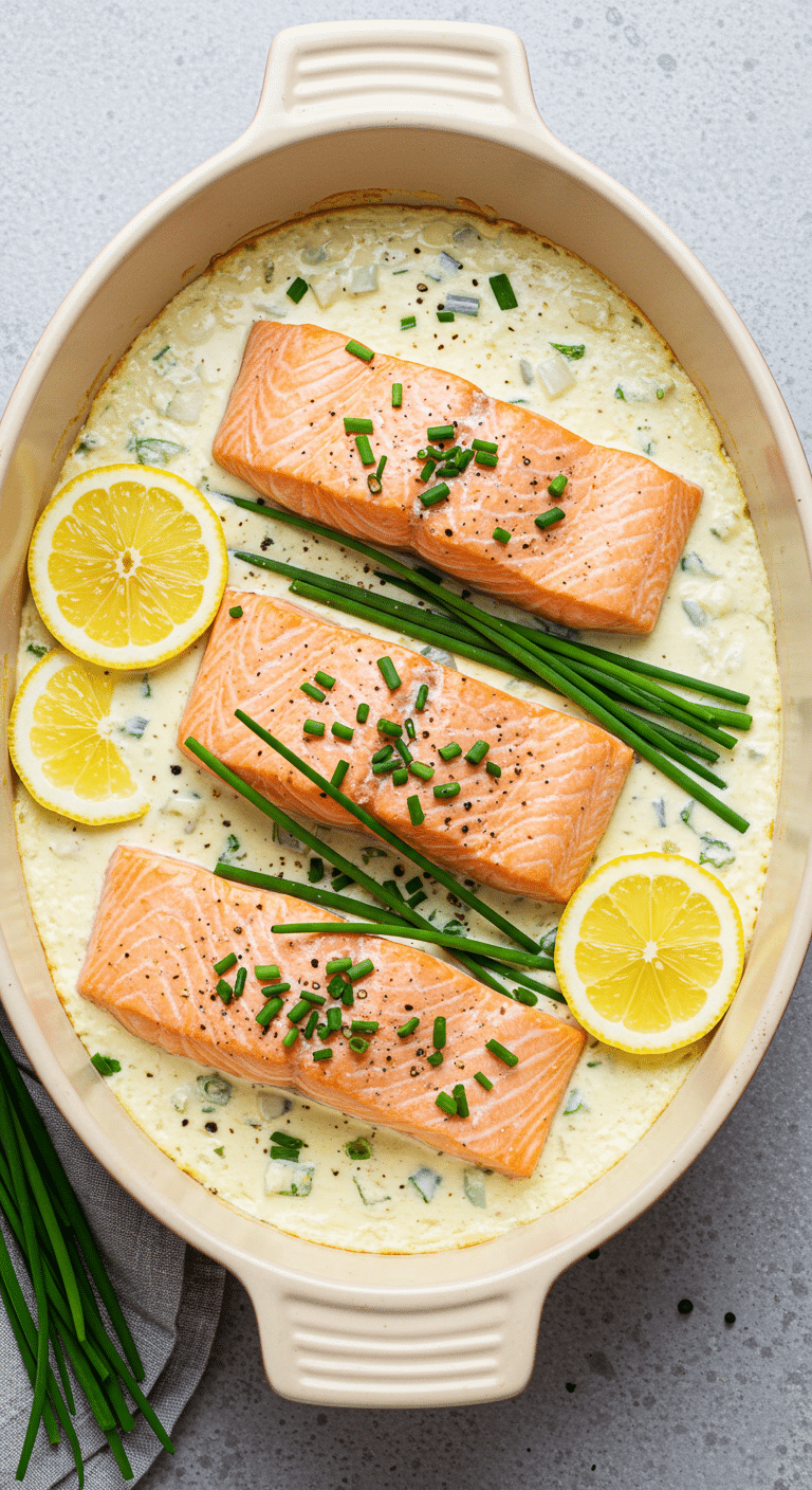 Filets de saumon à la crème ciboulette dans un plat de cuisson