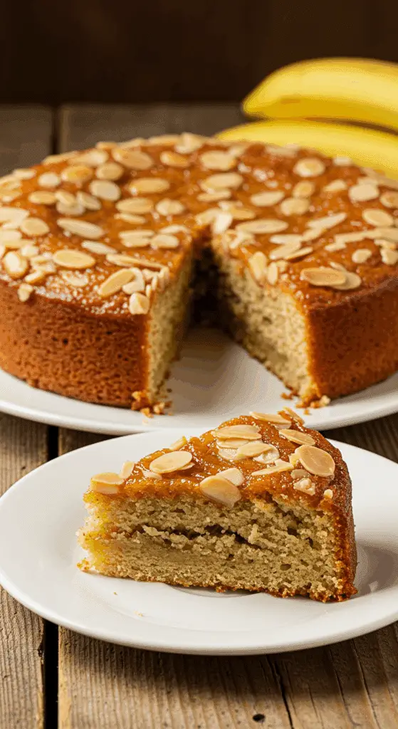 Fondant banane amandes moelleux tranché sur assiette blanche
