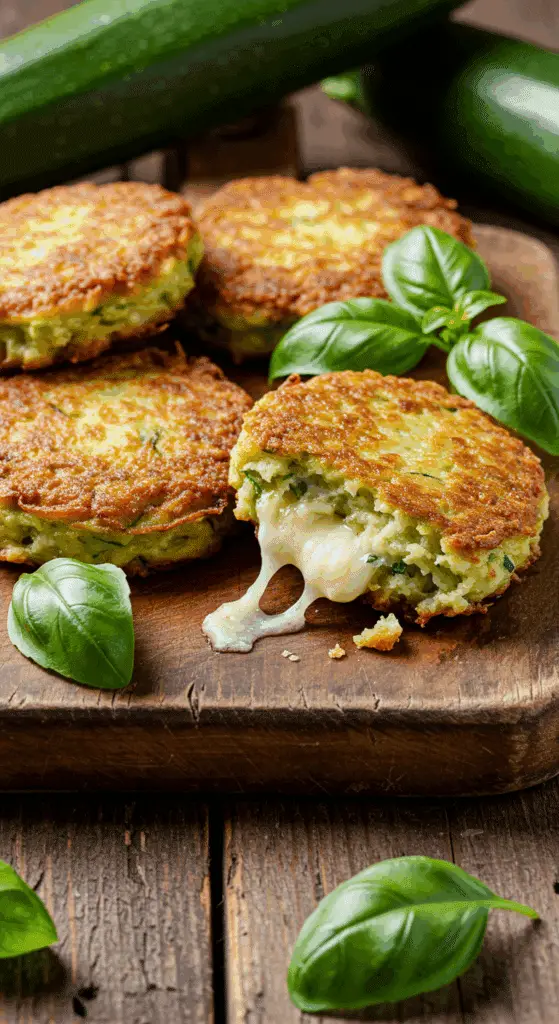 Galettes de courgettes au parmesan dorées sur planche en bois