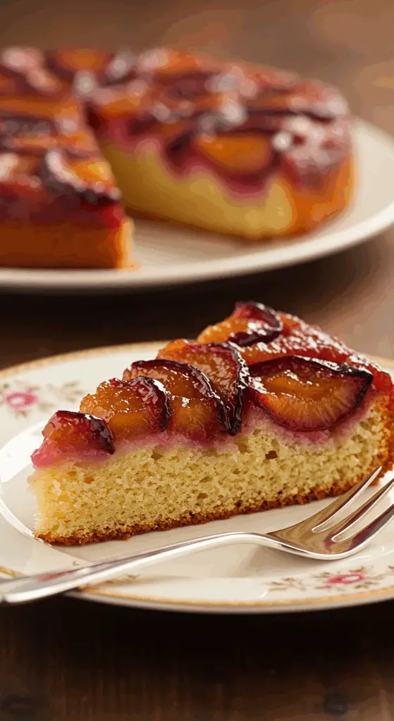 part gâteau renversé prunes assiette porcelaine texture moelleuse