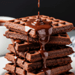 Gaufres brownie chocolat empilées assiette blanche glace vanille chocolat fondu