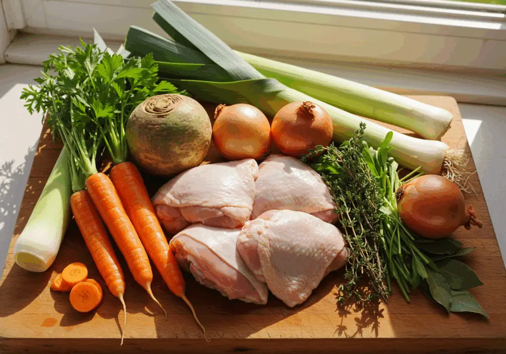 Ingrédients frais bouillon poulet cuisses légumes poireau carottes herbes