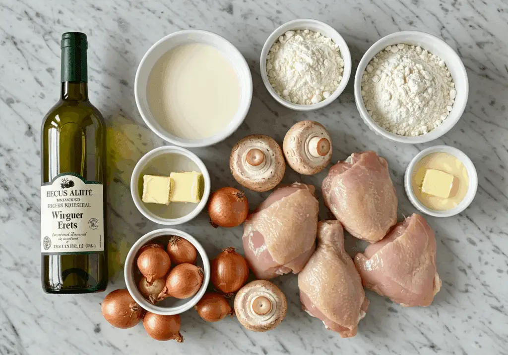Ingrédients frais pour coquilles de volaille à la crème sur plan de travail