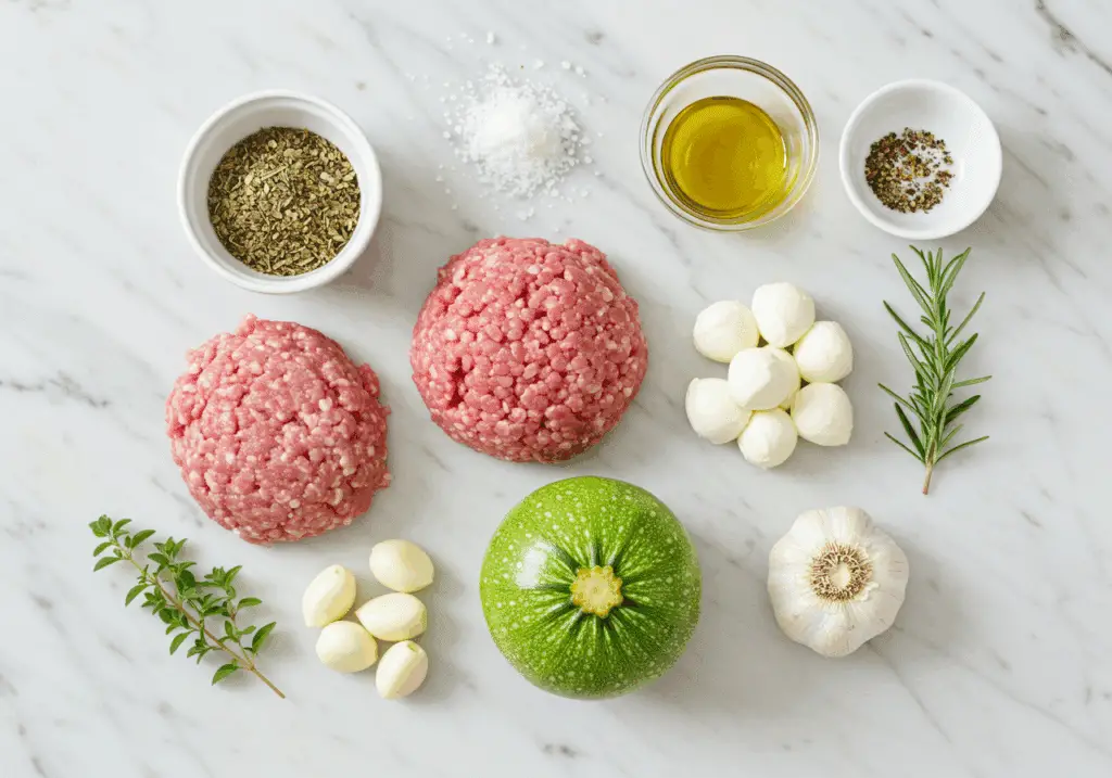 ingrédients courgettes farcies mozzarella porc haché épices méditerranéennes