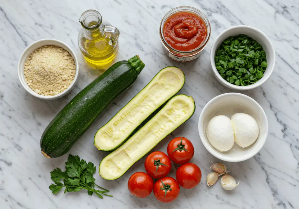ingrédients pour courgettes façon pizza disposés sur plan de travail