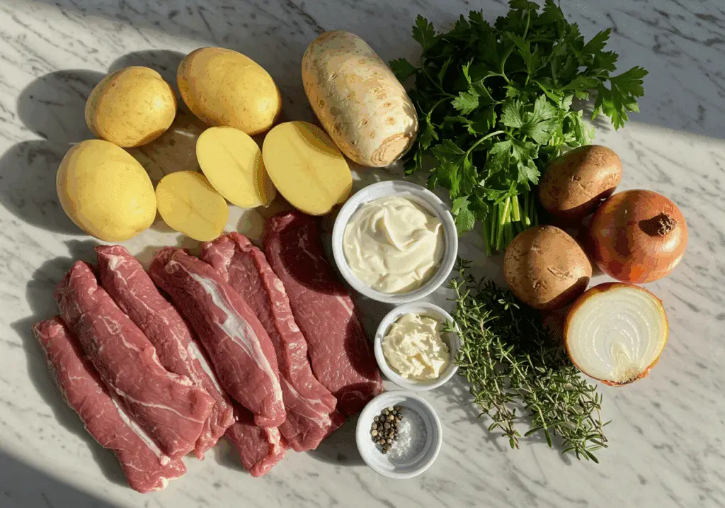 Ingrédients frais pour émincé de veau et pomme purée
