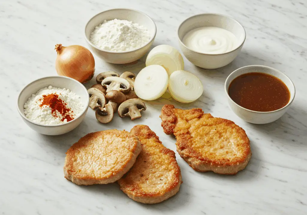 Ingrédients pour escalopes à la crème et champignons sur marbre