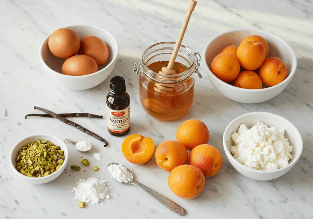 Ingrédients pour flan aux abricots disposés sur marbre