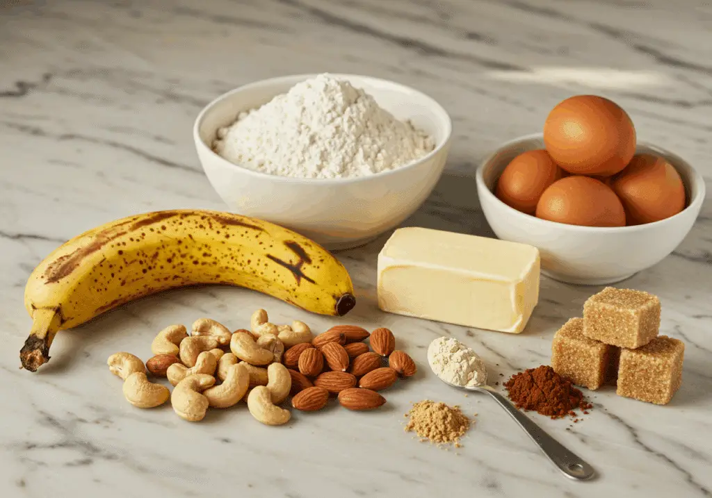 Ingrédients fondant banane amandes sur plan de travail marbre