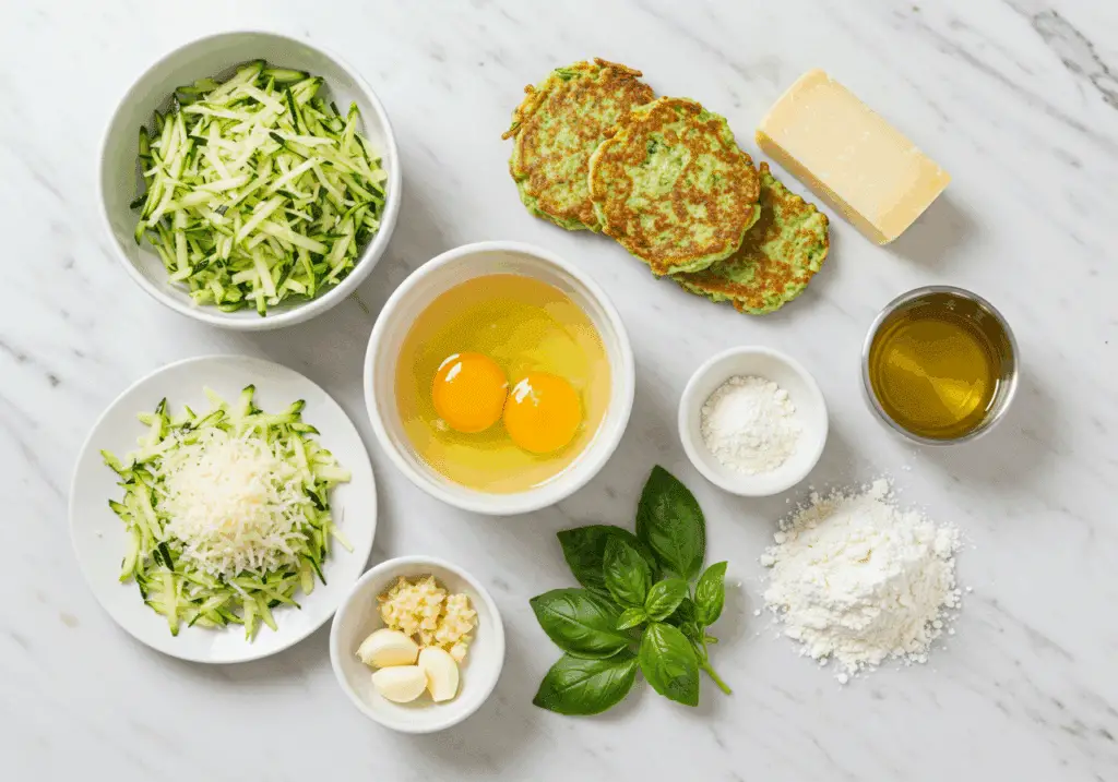 Ingrédients galettes courgettes parmesan disposés sur marbre blanc