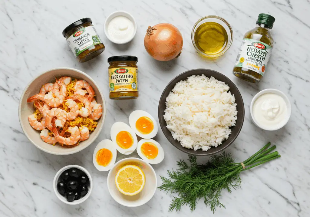 Ingrédients frais pour kedgeree aux crevettes disposés artistiquement