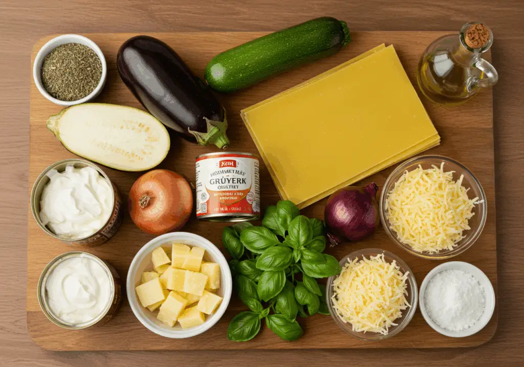 Ingrédients pour lasagnes aux légumes du soleil sur planche en bois