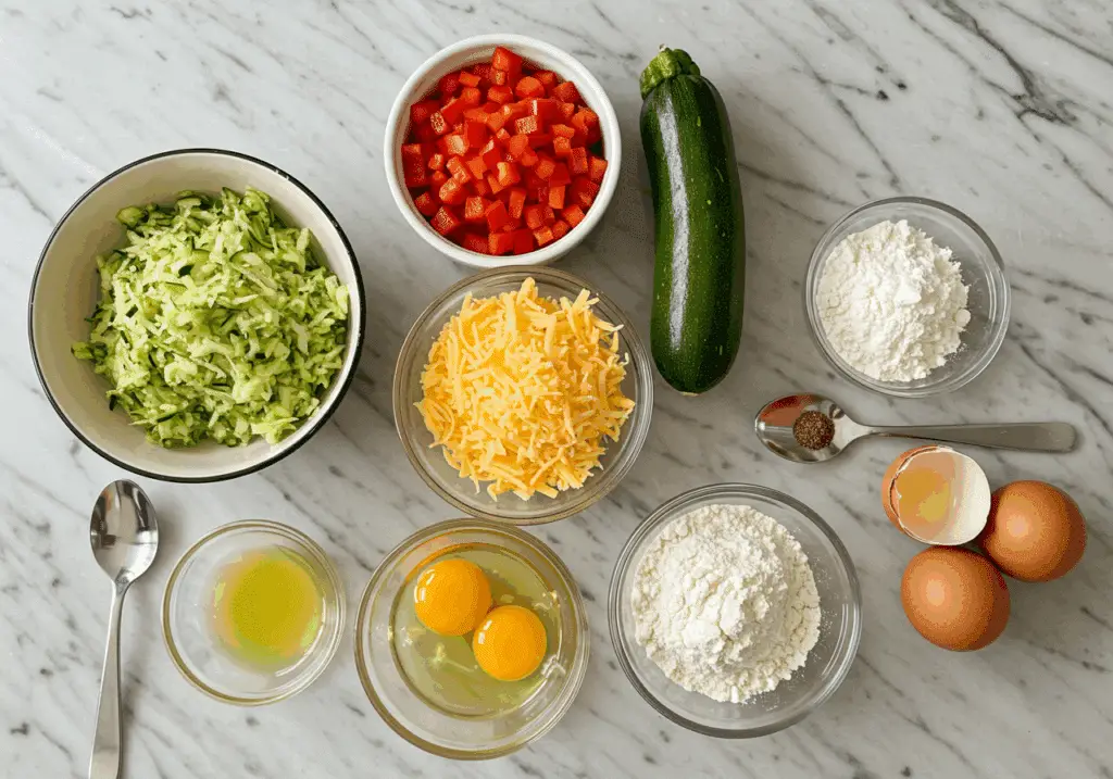 Ingrédients pour muffin salé aux courgettes disposés sur plan de travail