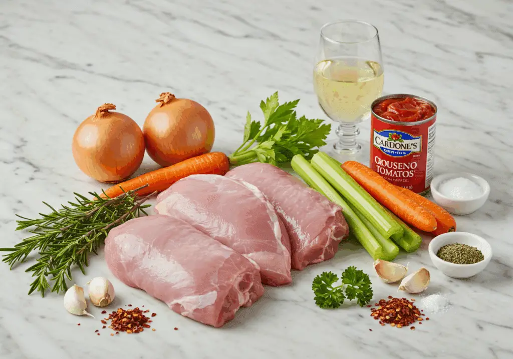 Ingrédients frais osso buco dinde cuisse légumes tomates vin blanc herbes