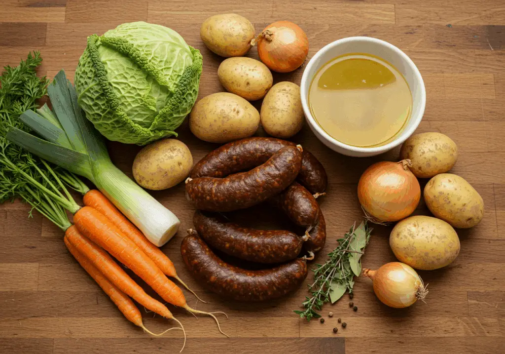 ingrédients potée saucisses Morteau chou légumes bouquet garni bouillon