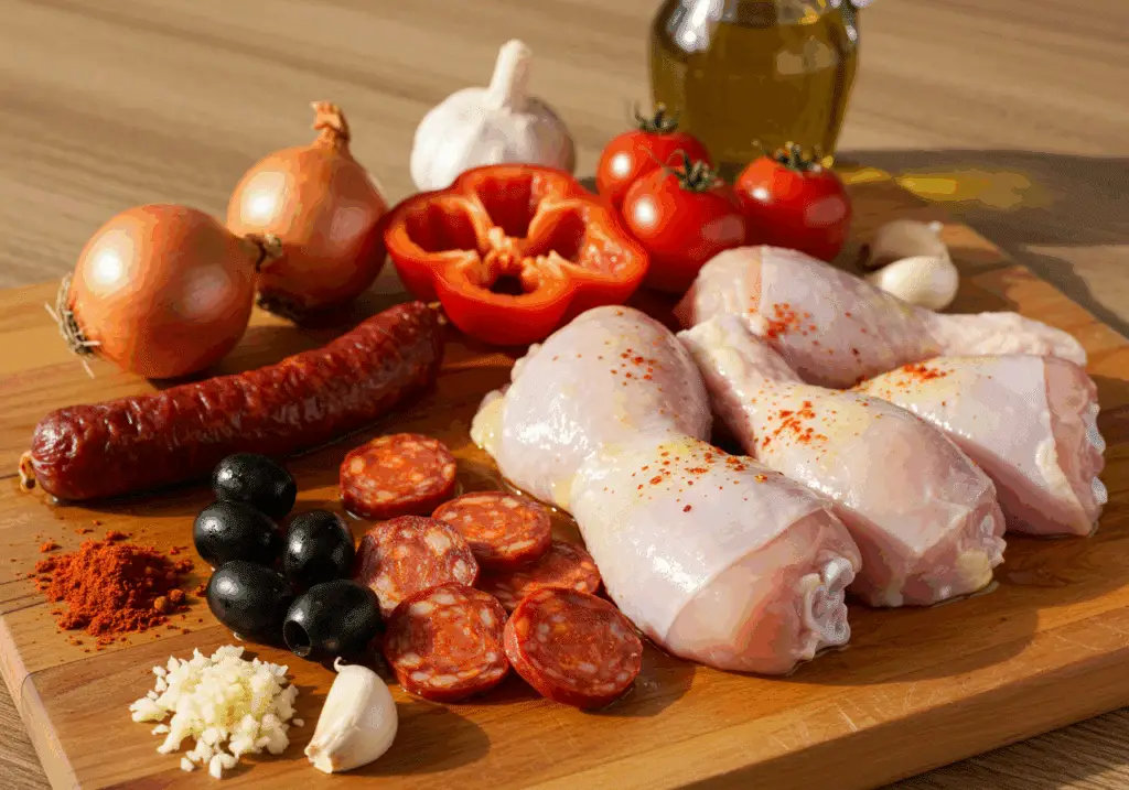 ingrédients pour poulet à l'espagnole - poulet poivrons chorizo paprika