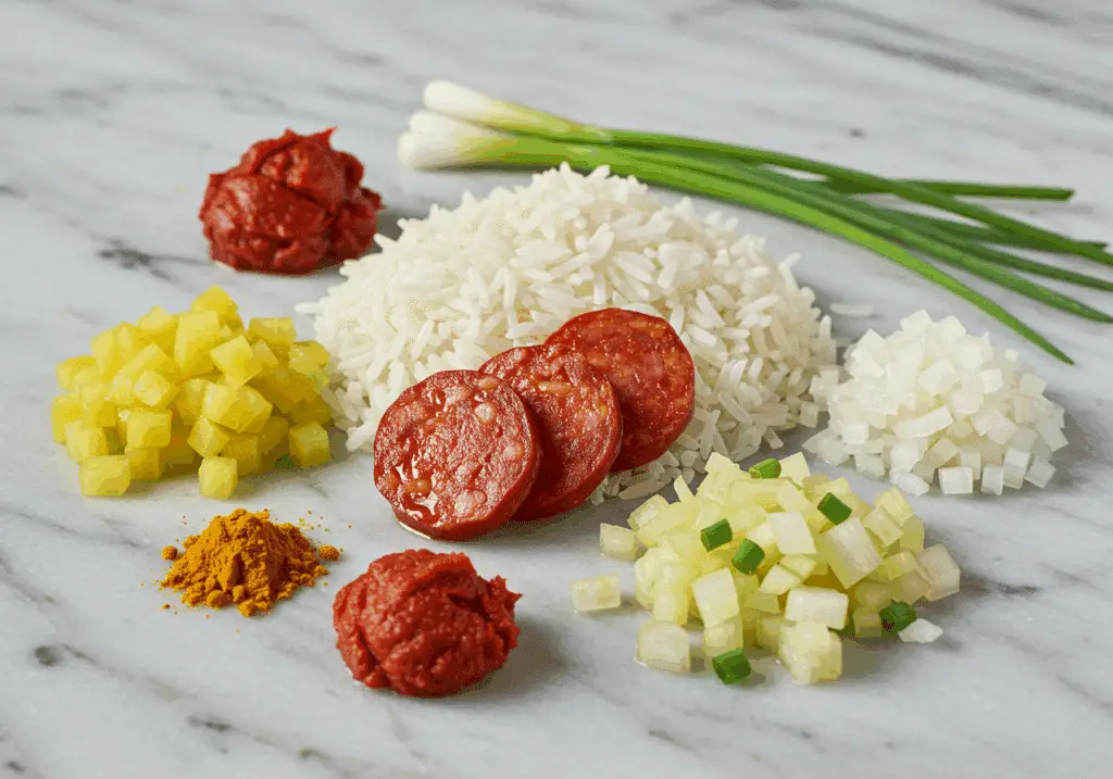 ingrédients pour riz au chorizo et à la tomate - riz basmati chorizo oignons
