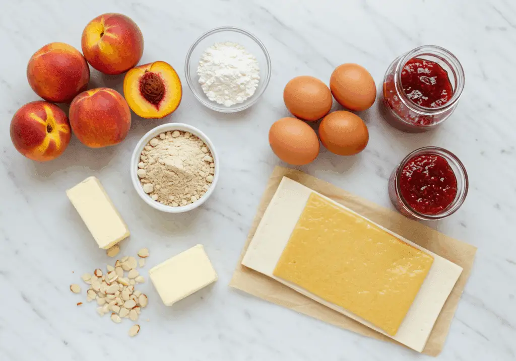 ingrédients tarte pêches amandes pâte feuilletée poudre amandes œufs