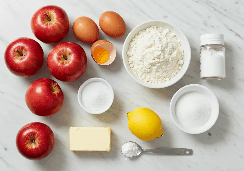 Ingrédients pour tarte aux pommes disposés sur marbre blanc