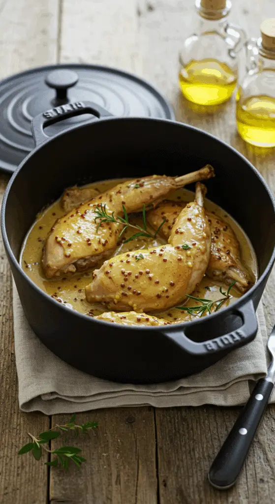 Lapin à la moutarde traditionnel français dans cocotte en fonte