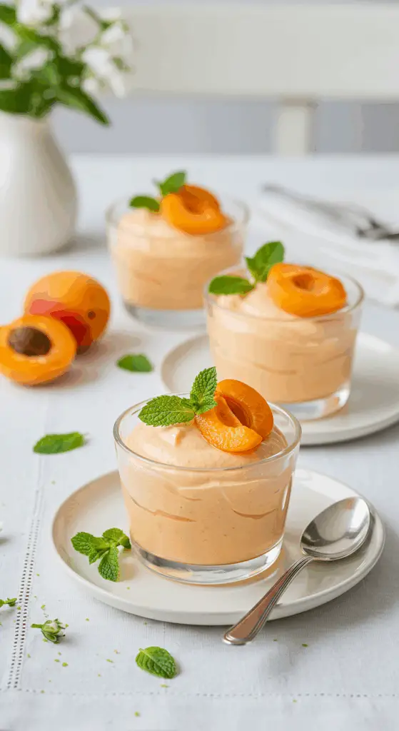 service de mousse aux abricots dans des ramequins en verre