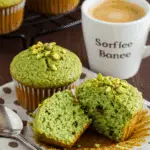 muffins à la pistache et aux pépites de chocolat verts sur planche bois