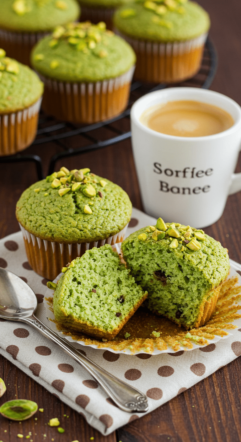 muffins à la pistache et aux pépites de chocolat verts sur planche bois