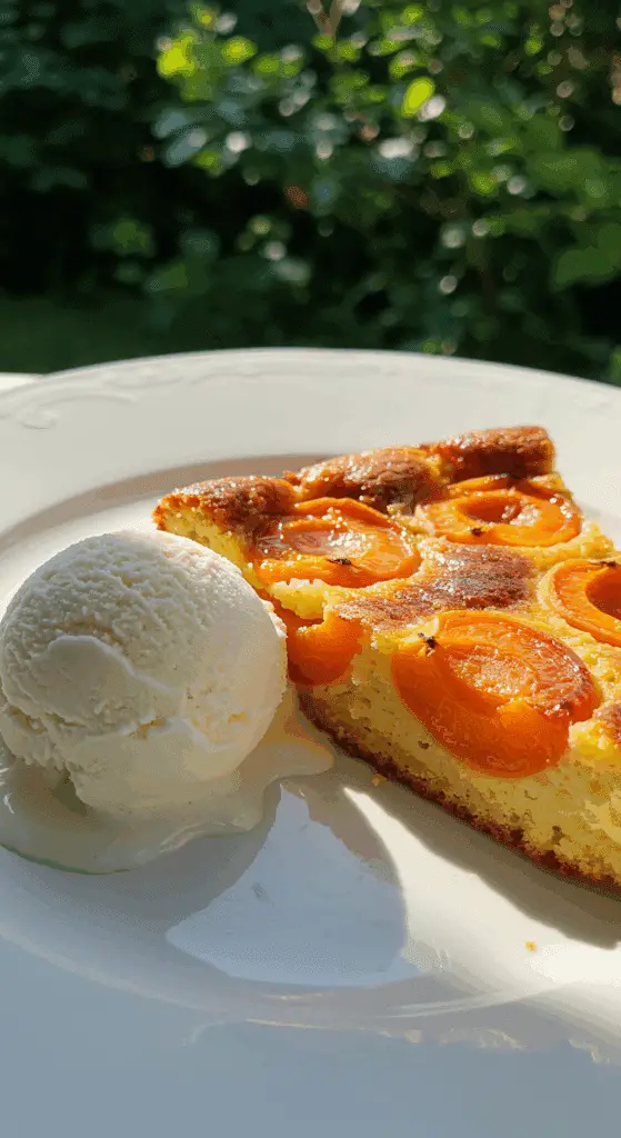 Part de clafoutis aux abricots servie tiède
